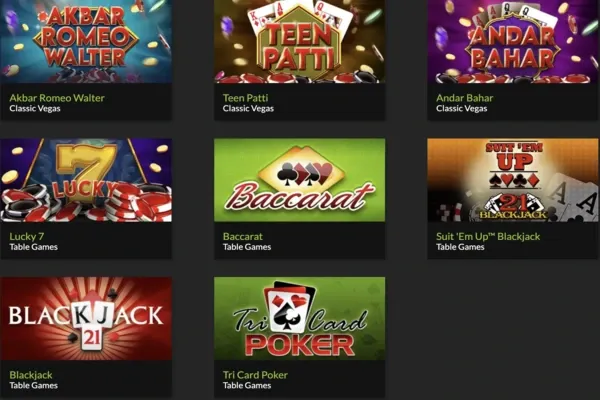 raging bull casino's table game selection of teen patti, andar bahar, tri card poker, baccarat, etc.