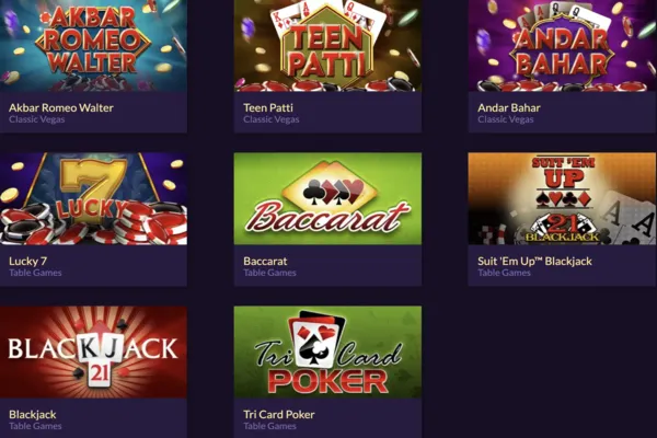 Royale Ace Casino table games include akbar walter romeo, teen patti, andar bahar, etc.